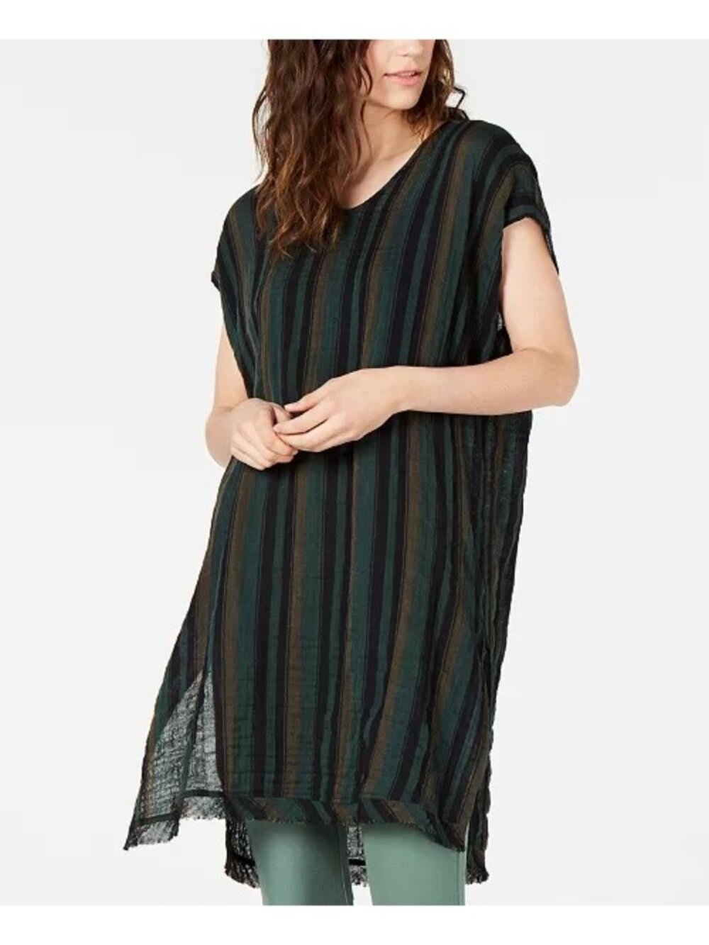 L XL Eileen Fisher Cotton Striped Caftan Top Black Green
